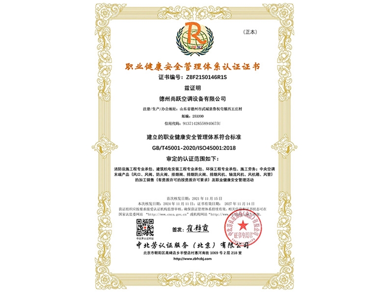 職業(yè)健康安全管理體系認(rèn)證證書